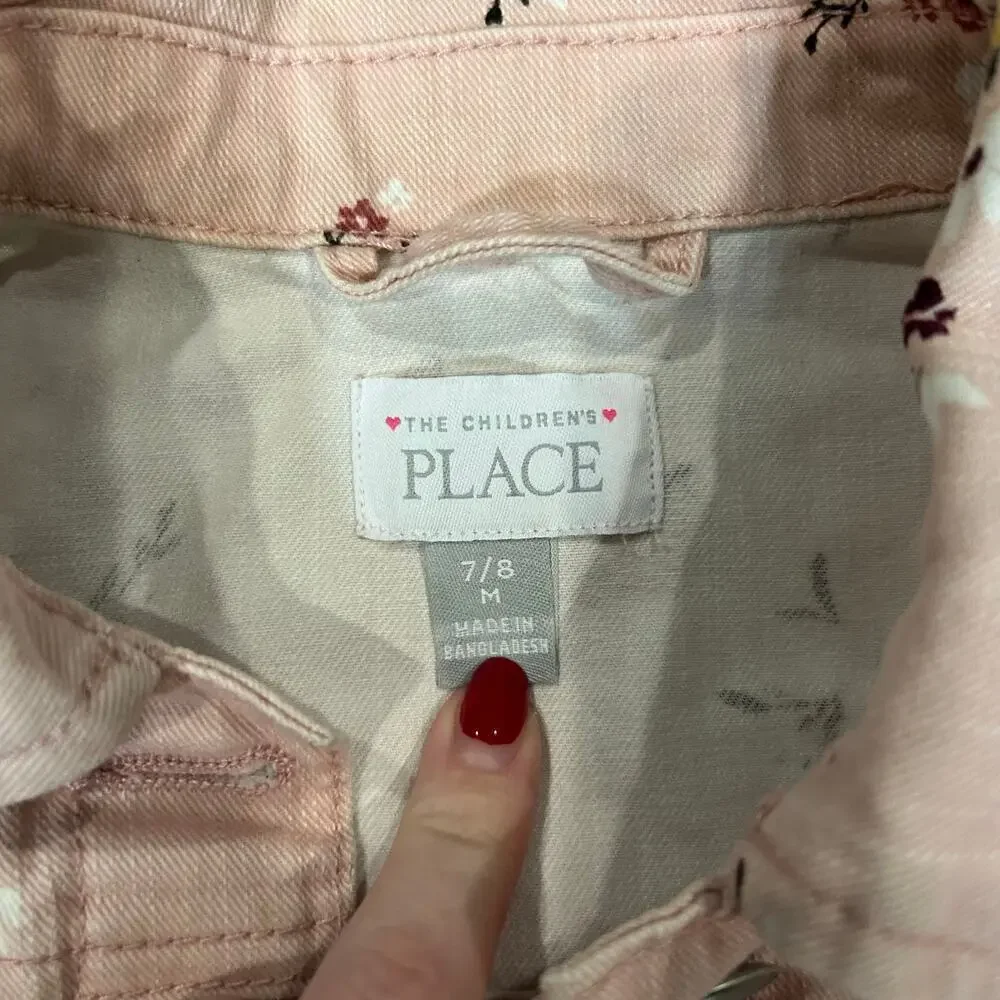 The Children’s Place Girls Floral Denim Jacket Pink Raw Hem Cotton Twill 7/8 M